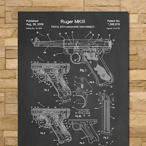 May include: A black and white blueprint style illustration of a Ruger MKIII pistol with magazine disconnect. The patent number 7,096,618 is listed at the top of the image. The image is labeled "Published Aug. 29, 2006" and "Priority Apr 15, 2004".