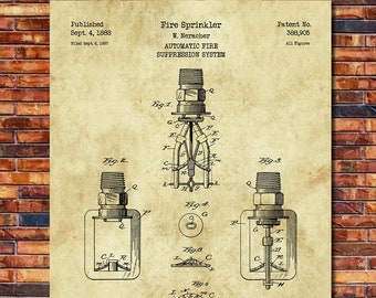 Fire Sprinkler Patent Print Art 1888