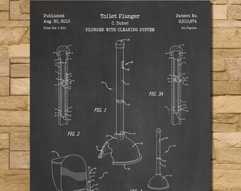 May include: Black and white illustration of a toilet plunger patent drawing on a chalkboard background. The drawing shows different views of the plunger, including a cross-section. The patent number is 8,510,874. The text "Toilet Plunger" and "PLUNGER WITH CLEANING SYSTEM" is also visible.