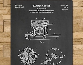 May include: A black and white illustration of an electric motor patent drawing on a chalkboard background. The patent is for an electric motor invented by T. Davenport and published on February 25, 1837. The patent number is 132 A. The drawing shows the motor's design and components.