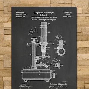 May include: A black and white illustration of a compound microscope patent drawing on a chalkboard background. The patent is for a Physician's Microscope No. 38063, by R. Bausch, and was filed on September 25, 1900. The patent number is 658,611.