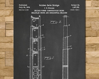 May include: A black and white blueprint of the Golden Gate Bridge tower construction, with detailed diagrams and text. The print includes the patent number, inventor's name, and the date of publication. The word "Chalkboard" is at the bottom.