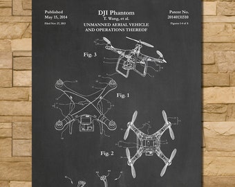 May include: A black and white illustration of a DJI Phantom drone patent drawing on a chalkboard background. The patent number is 20140131510. The drawing shows four different views of the drone, labeled Fig. 1, Fig. 2, Fig. 3, and Fig. 4.