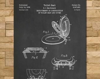 May include: A black and white illustration of a toilet seat patent drawing. The drawing shows different views of the toilet seat and cover. The patent number is 2,047,480. The patent was filed in May 1934 and published in July 1936. The inventor is H. C. MacDonald.