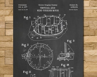 Vertical Wind Turbine Patent Print Art 1977