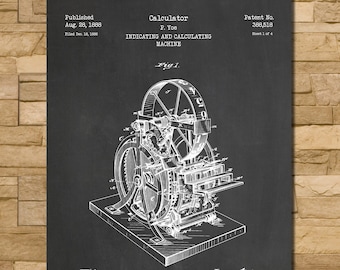 May include: Black and white patent print of a calculator machine, labeled "Calculator" by P. Yoe, with the text "INDICATING AND CALCULATING MACHINE." The print includes the date August 28, 1888, and the patent number 388,518. The word "Chalkboard" is at the bottom.