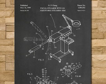 May include: Black and white patent illustration of a facial steamer with an adjustable arm, published in 1999. The diagram shows the steamer's components and design, including the arm, base, and various parts. The word "Chalkboard" is at the bottom.