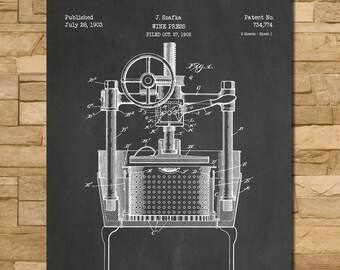 May include: A black and white diagram of a wine press, with the text "J. Szafka WINE PRESS" and "Patent No. 734,774". The diagram is labeled "Fig. 1" and includes the word "Chalkboard" at the bottom.