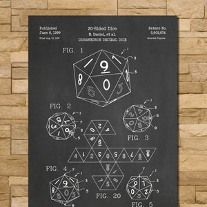 May include: A black and white illustration of a 20-sided dice patent drawing. The drawing shows different views of the dice, including a 3D rendering of the dice with the numbers 1, 2, 3, 4, 5, 6, 7, 8, 9, 0 on the faces. The patent number is 5,909,874. The title of the patent is "20-Sided Dice" and the inventor is M. Daniel, et al. The patent was published on June 8, 1999.