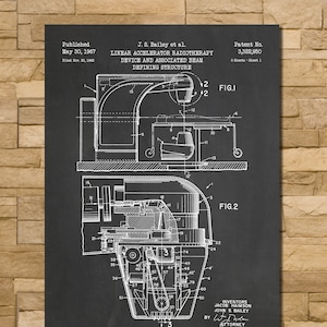 May include: Black and white illustration of a patent for a linear accelerator radiotherapy device. The patent is titled "Linear Accelerator Radiotherapy Device and Associated Beam Defining Structure" and was published on May 30, 1967. The patent number is 3,322,950.