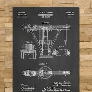 May include: A black and white illustration of a patent for a counterbalanced jib crane. The patent was published on February 10, 1891, and filed on June 18, 1890. The patent number is 446,043. The illustration shows the crane in detail, with various parts labeled.