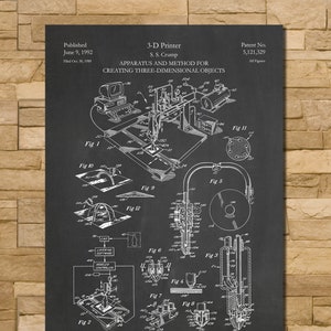 May include: A black and white illustration of a 3-D printer patent drawing. The patent is titled "3-D Printer" and "Apparatus and Method for Creating Three-Dimensional Objects". The patent number is 5,121,329. The patent was published on June 9, 1992.