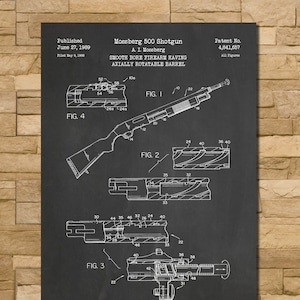 May include: Black and white line drawing of a Mossberg 500 shotgun patent. The patent was published on June 27, 1989, and filed on May 8, 1989. The patent number is 4,841,657. The drawing shows the shotgun in different views, including a side view, a top view, and a cross-section view. The drawing also includes labels for the different parts of the shotgun.