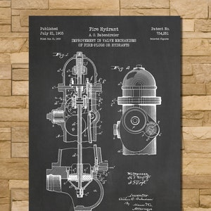 May include: Black and white vintage patent drawing of a fire hydrant on a chalkboard background. The patent is for an improvement in valve mechanisms of fire-plugs or hydrants. The patent number is 734,251. The patent was filed on January 31, 1903 and published on July 21, 1903.