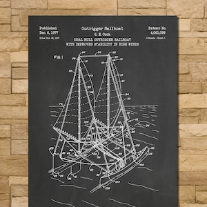 Outrigger Sailboat Patent Print Art 1977
