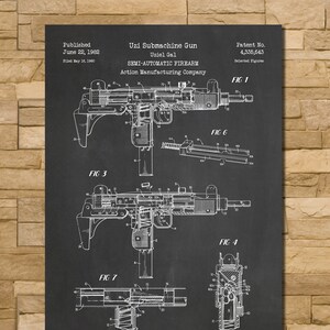 May include: Black and white blueprint style illustration of the Uzi submachine gun patent. The patent was published on June 22, 1982, and filed on May 15, 1980. The patent number is 4,335,643. The patent is for a semi-automatic firearm designed by Uziel Gal and manufactured by Action Manufacturing Company.