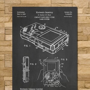 May include: Black and white patent drawing of the Nintendo Gameboy, a compact hand-held video game system. The drawing shows the front and side views of the device, with labels for various components. The patent number 5,184,830 is listed at the top right corner. The text "Nintendo Gameboy" and "Nintendo Company Limited" are also included in the drawing.