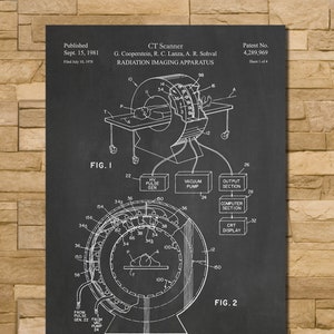 May include: Black and white illustration of a CT Scanner patent drawing. The drawing shows a cross-section of the scanner and includes labels for various components, such as the HV Pulse Gen, Vacuum Pump, Output Section, Computer Section, and CRT Display. The patent number is 4,289,969. The patent was published on September 15, 1981, and filed on July 16, 1978.
