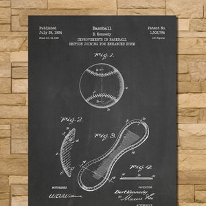 May include: A vintage chalkboard style illustration of a baseball patent drawing. The drawing shows a baseball, a baseball seam, and a baseball section joining for enhanced form. The patent number is 1,502,784. The patent was filed on October 16, 1923 and published on July 29, 1924. The inventor is Bert Kennedy.
