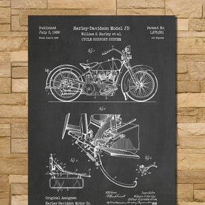 May include: Black and white illustration of a Harley-Davidson Model JD motorcycle cycle support system patent drawing. The patent was published on July 3, 1928, and filed on June 5, 1928. The patent number is 1,675,551. The drawing shows the motorcycle and various parts of the cycle support system.