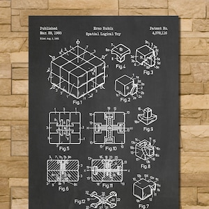 May include: A black and white illustration of a Rubik's Cube patent drawing on a chalkboard background. The patent number is 4,378,116. The drawing shows the cube in different positions and configurations. The text "Erno Rubik Spatial Logical Toy" is at the top of the drawing.