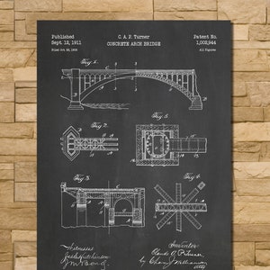 May include: Black and white architectural blueprint of a concrete arch bridge, published September 12, 1911. The blueprint includes multiple detailed diagrams and the text "C. A. P. Turner CONCRETE ARCH BRIDGE" and "Chalkboard".