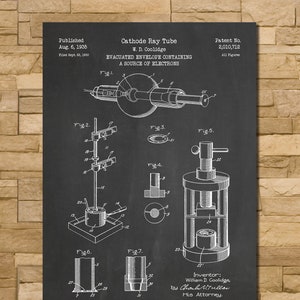 May include: A black and white chalkboard print of a Cathode Ray Tube patent illustration. The print includes detailed diagrams and text, including the inventor's name, patent number, and the phrase "EVACUATED ENVELOPE CONTAINING A SOURCE OF ELECTRONS."
