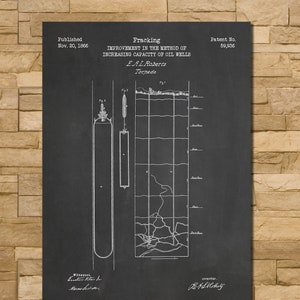 May include: Black and white illustration of a patent for a method of increasing the capacity of oil wells. The patent is titled "Fracking: Improvement in the Method of Increasing Capacity of Oil Wells" and was published on November 20, 1866. The patent number is 59,936. The illustration shows a diagram of a well with a torpedo inside.
