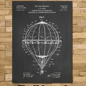 May include: Black and white illustration of a hot air balloon patent drawing on a chalkboard background. The patent is for a spherical balloon construction, dated September 15, 1925, and titled "Hot Air Balloon" by R.H. Upson. The patent number is 1,553,340.
