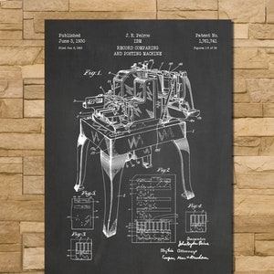May include: A black and white chalkboard print of an IBM Record Comparing and Posting Machine patent drawing. The print includes technical diagrams, text, and the inventor's name. The word "Chalkboard" is at the bottom.