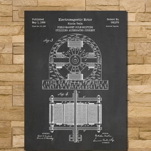 May include: Black and white illustration of a patent for an electromagnetic motor, designed by Nikola Tesla. The patent number is 382,279. The patent was published on May 1, 1888. The patent drawing shows a detailed diagram of the motor.