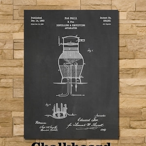 May include: Black and white illustration of a patent drawing for a pot still apparatus. The drawing shows a large pot with a series of pipes and tubes connected to it. The text on the drawing reads "Pot Still, E. Fox, Distilling & Rectifying Apparatus, Patent No. 235,521, All Figures, Published Dec. 14, 1880, Filed Dec. 15, 1869".