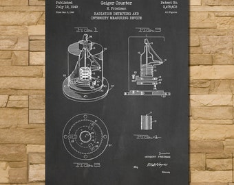 May include: Black and white illustration of a Geiger counter patent drawing on a chalkboard background. The patent is for a radiation detecting and intensity measuring device. The patent number is 2,475,603. The patent was published on July 12, 1949 and filed on March 5, 1946. The patent was invented by H. Friedman.