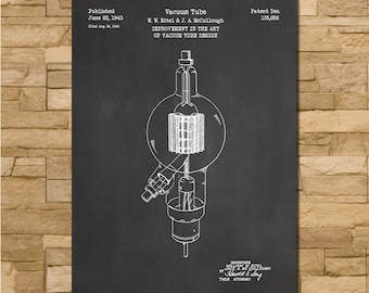 May include: A vintage chalkboard print of a vacuum tube patent design. The patent is for an improvement in the art of vacuum tube design. The patent was published on June 22, 1943, and filed on August 24, 1942. The patent number is 135,856. The inventors are W. W. Eitel and J. A. McCullough.