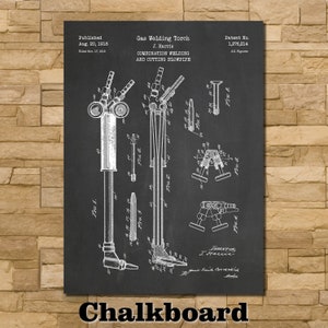 May include: Black and white vintage patent drawing on a chalkboard background for a gas welding torch. The drawing shows a detailed illustration of the torch and its components. The patent number is 1,276,214. The text reads "Gas Welding Torch", "J. Harris", "Combination Welding and Cutting Blowpipe", "Published Aug. 20, 1918", "Filed Nov. 17, 1915", "Patent No. 1,276,214", "All Figures", and "Inventor J. Harris".