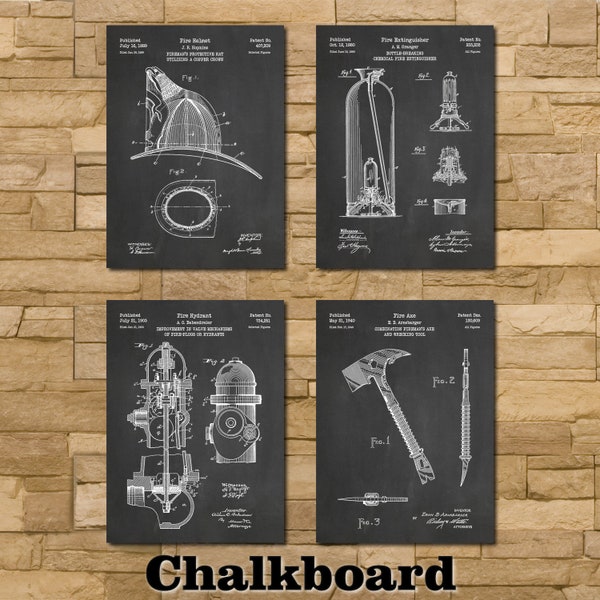 Fireman Patent Print Art Set of 4