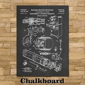 May include: A black and white diagram of a Scanning Electron Microscope patent, published in 1947. The diagram includes detailed schematics and the text "Scanning Electron Microscope" and "General Electric". The word "Chalkboard" is at the bottom.