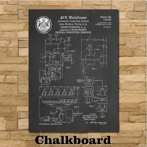 May include: Black and white diagram of the ACE Mainframe (Automatic Computing Engine) patent, showing the electronic digital computing engine design. The patent was applied for on May 4, 1950 and published on November 14, 1954. The patent number is 718,895.