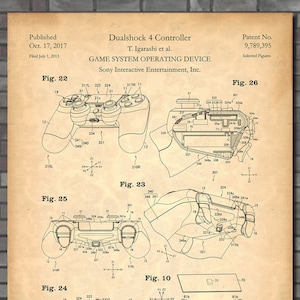 May include: A black and white line drawing of a Dualshock 4 controller patent. The patent is titled "Dualshock 4 Controller" and "GAME SYSTEM OPERATING DEVICE". The patent number is 9,789,395. The patent was published on October 17, 2017 and filed on July 1, 2013.