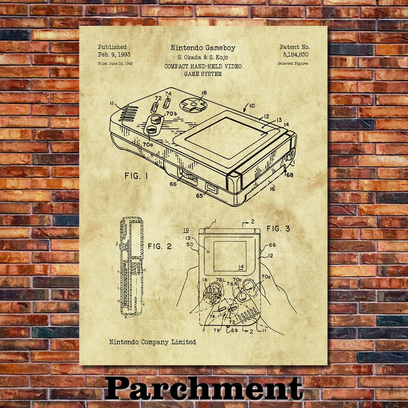 May include: A black and white line drawing of a Nintendo Gameboy patent. The patent was published on February 9, 1993, and filed on June 15, 1962. The patent number is 5,184,830. The drawing shows the Gameboy from different angles.