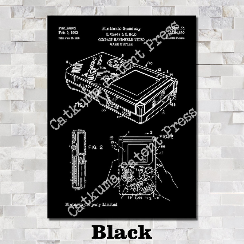 May include: Black and white patent drawing of the Nintendo Gameboy, a compact hand-held video game system. The drawing shows the front and side views of the device, with labels for various components. The patent was filed on June 15, 1962 and published on February 9, 1993.