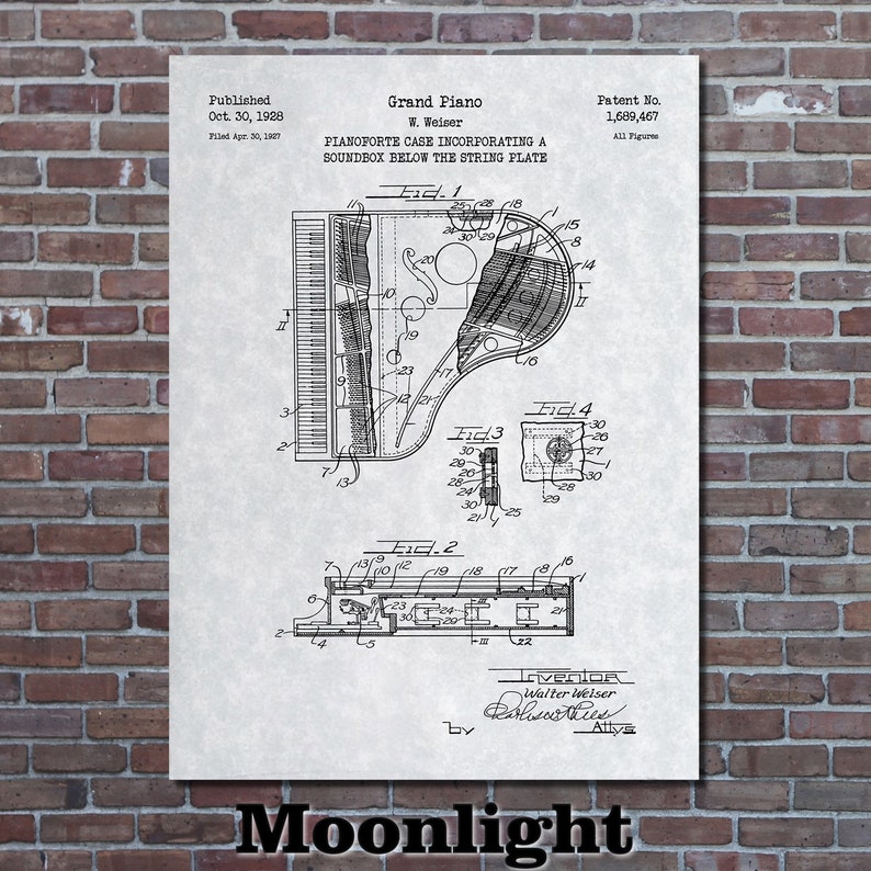 Grand Piano Patent Print Art 1928 Moonlight