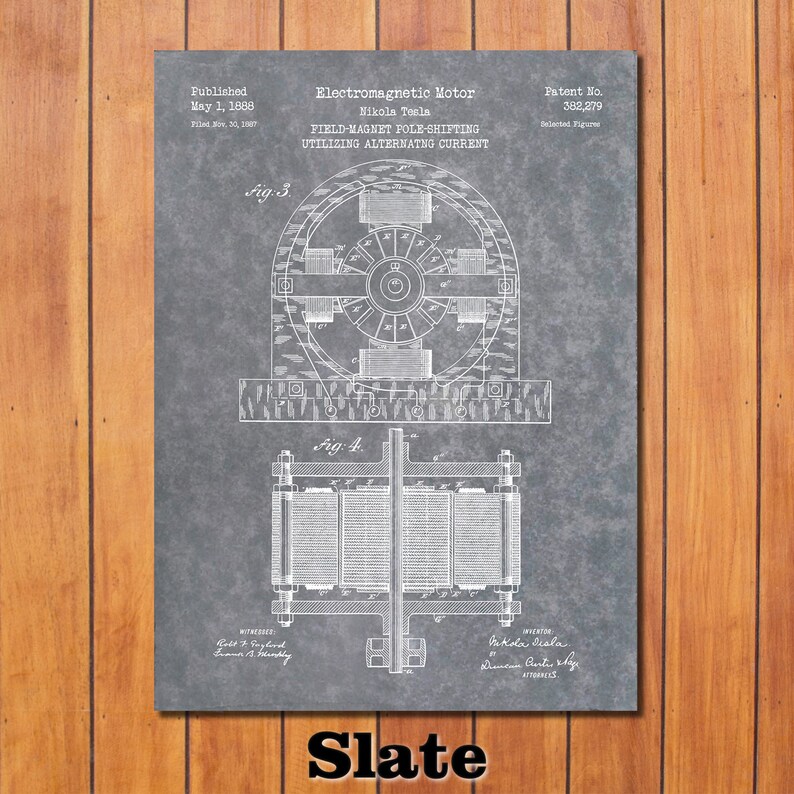 Puede incluir: Una ilustraci&oacute;n en blanco y negro de una patente para un motor electromagn&eacute;tico de Nikola Tesla. El n&uacute;mero de patente es 382,279. La patente se public&oacute; el 1 de mayo de 1888. El dibujo de la patente muestra un diagrama del motor.