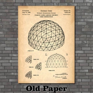May include: A vintage patent drawing for a geodesic dome, designed by Richard Buckminster Fuller. The drawing shows a 3D model of the dome, along with detailed diagrams of its construction. The patent number is 3,203,144 and the date is August 31, 1965.