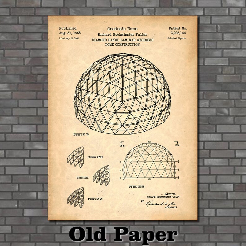 May include: A vintage patent drawing for a geodesic dome, designed by Richard Buckminster Fuller. The drawing shows a 3D model of the dome, along with detailed diagrams of its construction. The patent number is 3,203,144 and the date is August 31, 1965.