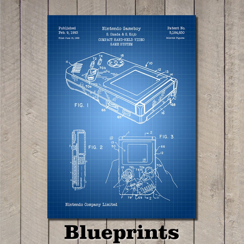 May include: A blueprint of the Nintendo Game Boy, a compact hand-held video game system. The patent was filed on June 18, 1962 and published on February 9, 1993. The patent number is 5,184,830.
