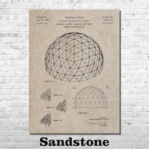 May include: A vintage patent drawing for a geodesic dome construction, designed by Richard Buckminster Fuller. The drawing shows a detailed diagram of the dome's structure, with the text "Geodesic Dome" and "Diamond Panel Laminar Geodesic Dome Construction" at the top.