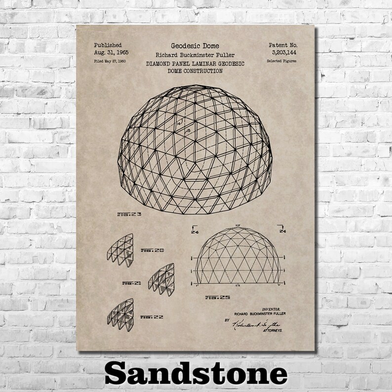 May include: A vintage patent drawing for a geodesic dome construction, designed by Richard Buckminster Fuller. The drawing shows a detailed diagram of the dome's structure, with the text "Geodesic Dome" and "Diamond Panel Laminar Geodesic Dome Construction" at the top.