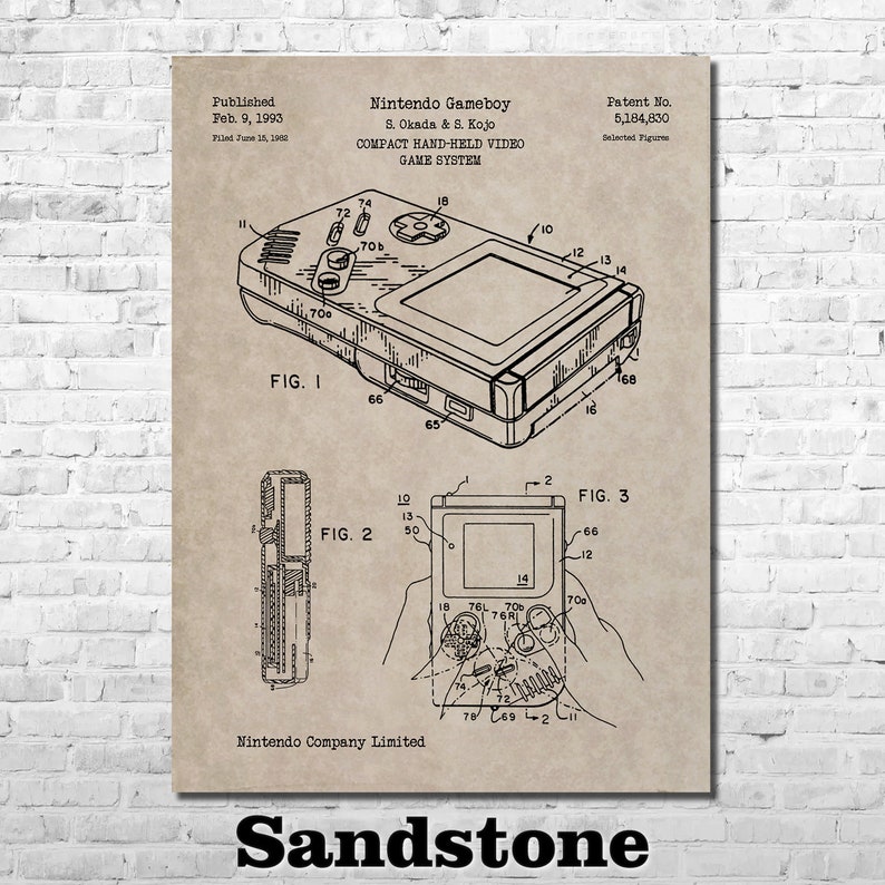 May include: A black and white line drawing of a Nintendo Gameboy patent. The patent was published on February 9, 1993, and filed on June 15, 1992. The patent number is 5,184,830. The drawing shows the Gameboy from different angles. The text "Nintendo Gameboy" and "Compact Hand-Held Video Game System" are also included in the drawing.