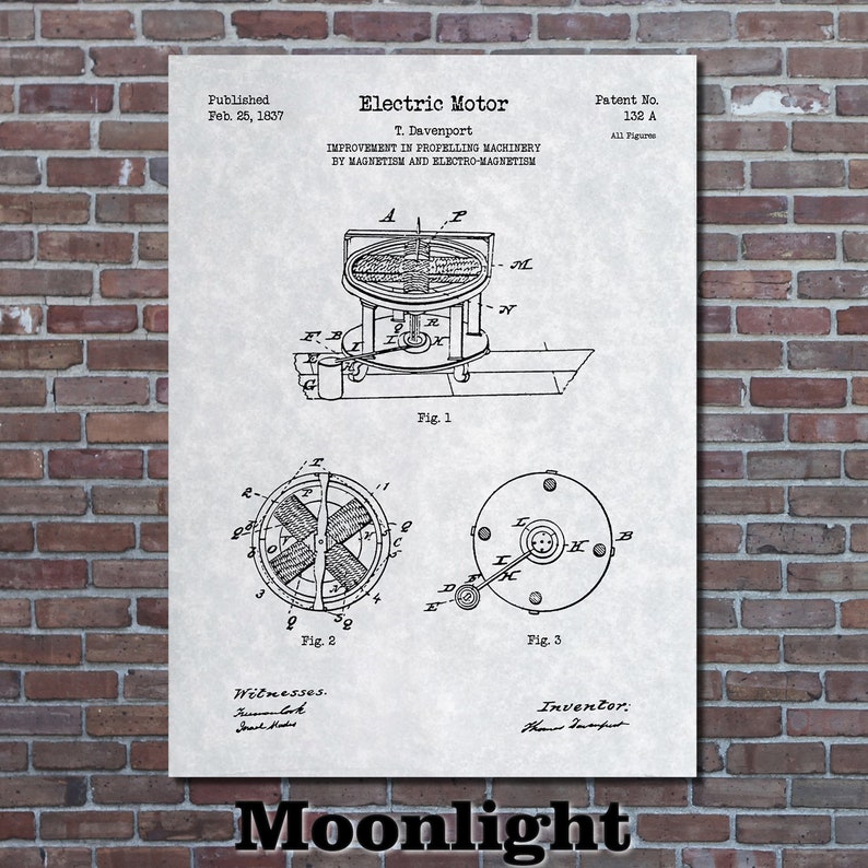 May include: A black and white illustration of a patent for an electric motor. The patent is dated February 25, 1837 and is titled "Electric Motor" by T. Davenport. The patent number is 132 A. The illustration shows a diagram of the electric motor.
